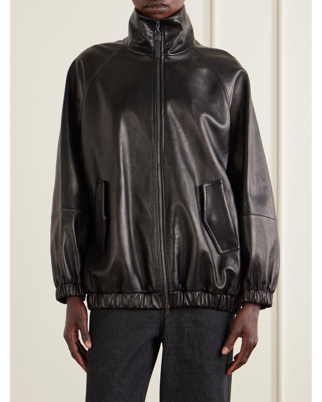 Brunello Cucinelli Black Leather Bomber Jacket