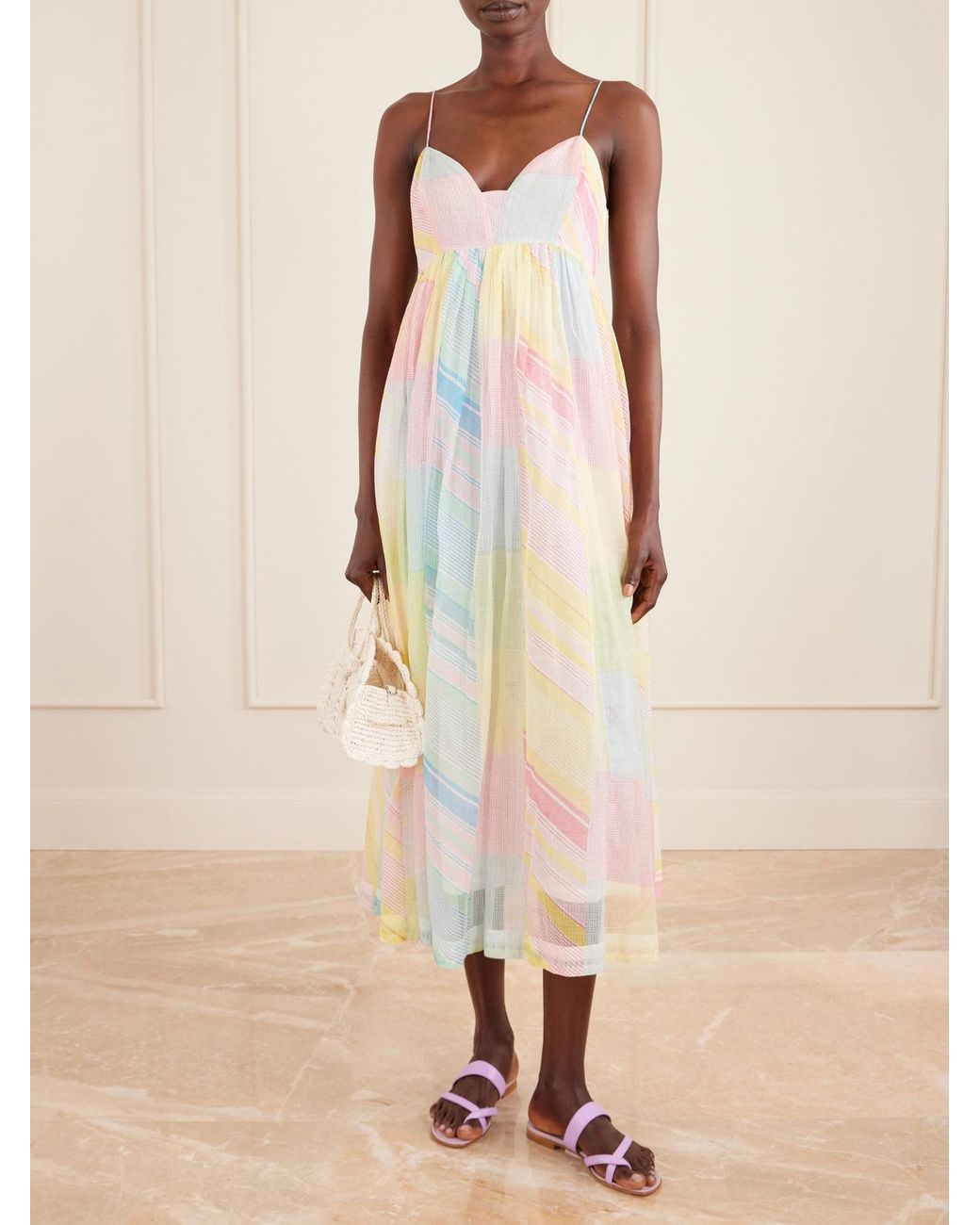 Eka White Yuru Printed Handwoven Cotton-Kota Midi Dress