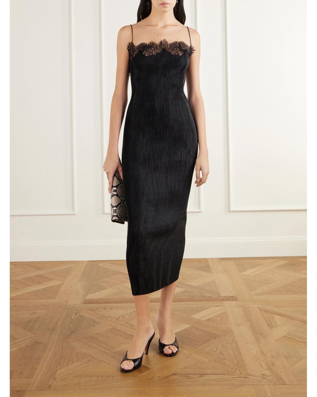 FFORME Black Lumie Lace-Trimmed Pleated Satin Midi Dress