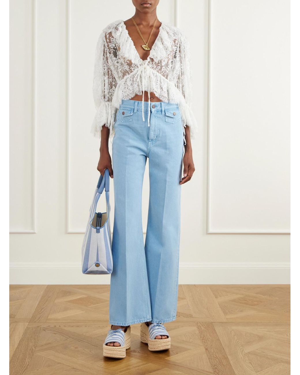 Chloé Natural Cropped Embellished Ruffled Broderie Anglaise Cotton-Blend Top