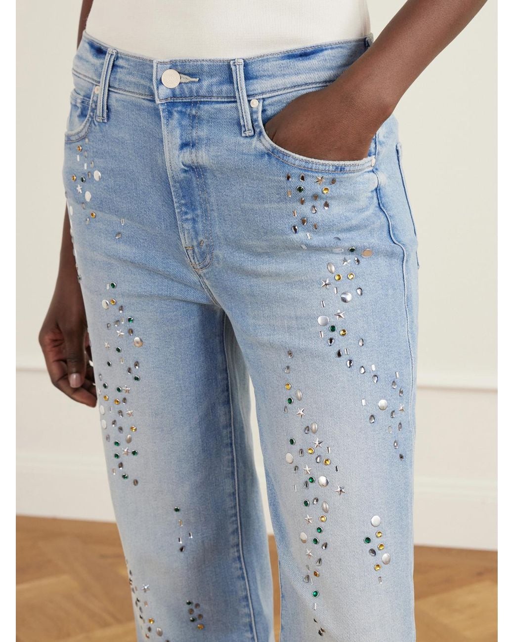 Mother Blue The Kick It Embellished Stretch High-Rise Straight-Leg Jeans