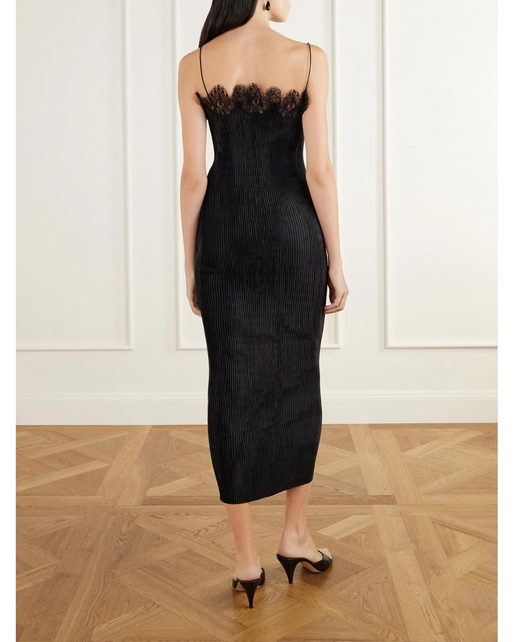 FFORME Black Lumie Lace-Trimmed Pleated Satin Midi Dress