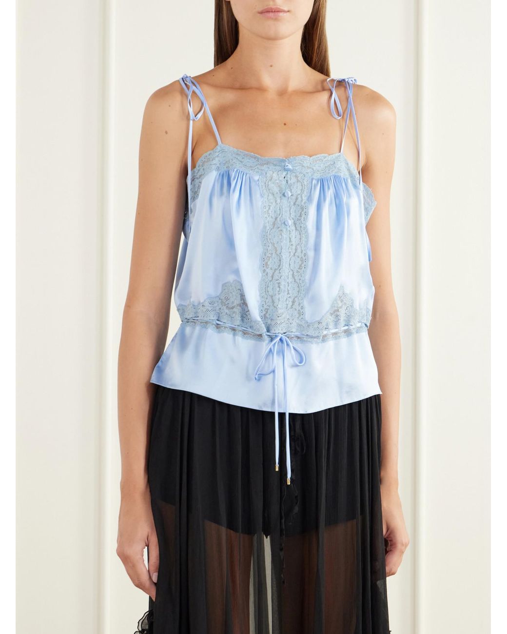 Chloé Blue Lace-Trimmed Silk-Satin Tank