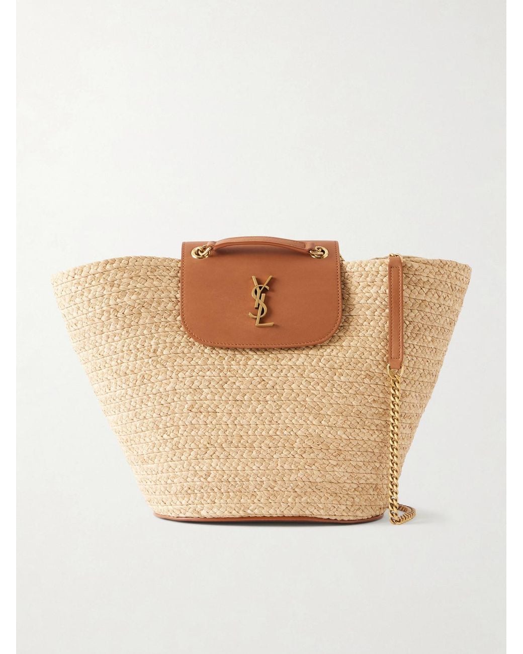 Saint Laurent Natural Panier Leather-Trimmed Raffia Tote