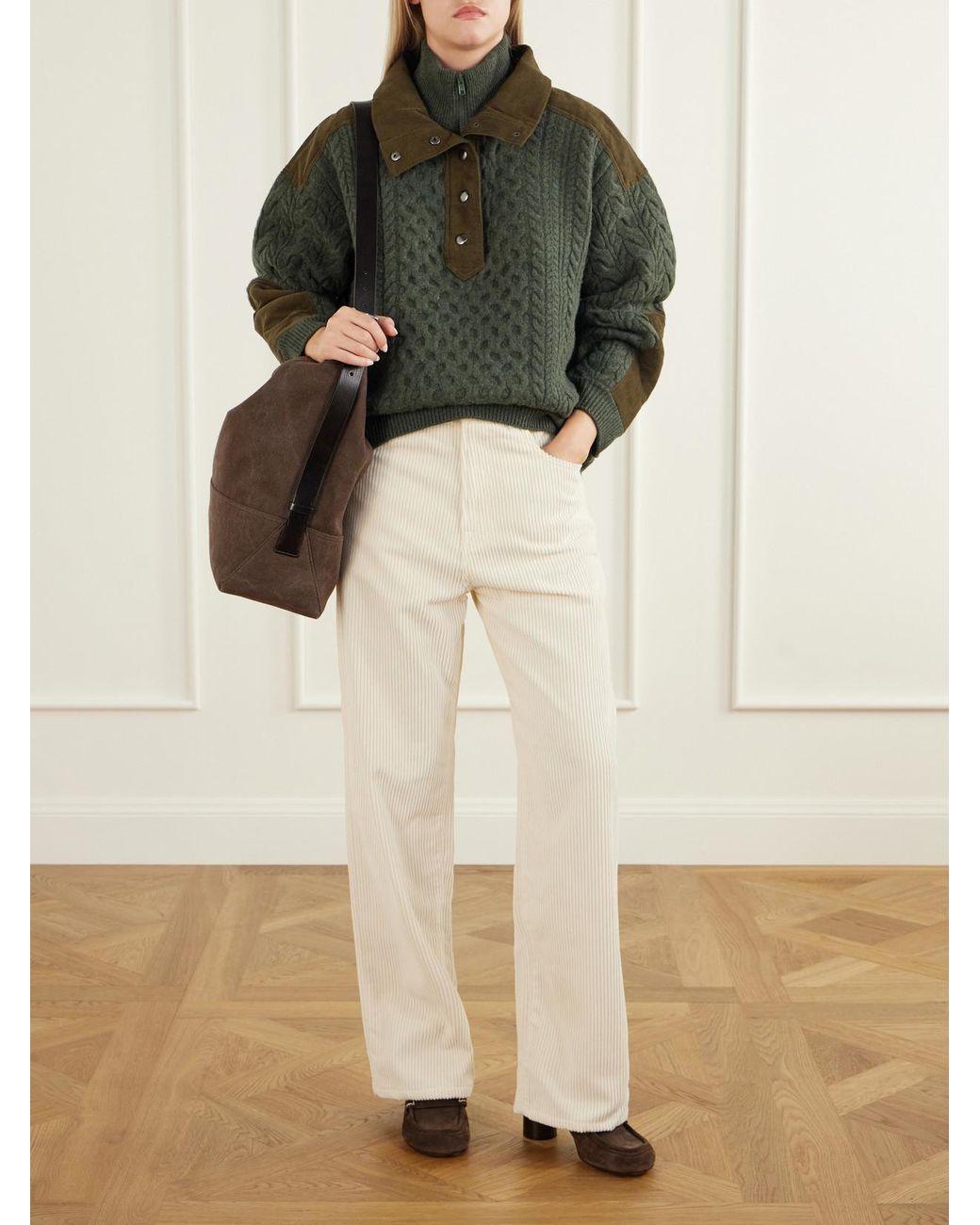 Sea Green Allen Cotton Corduroy-Trimmed Cable-Knit Wool Sweater