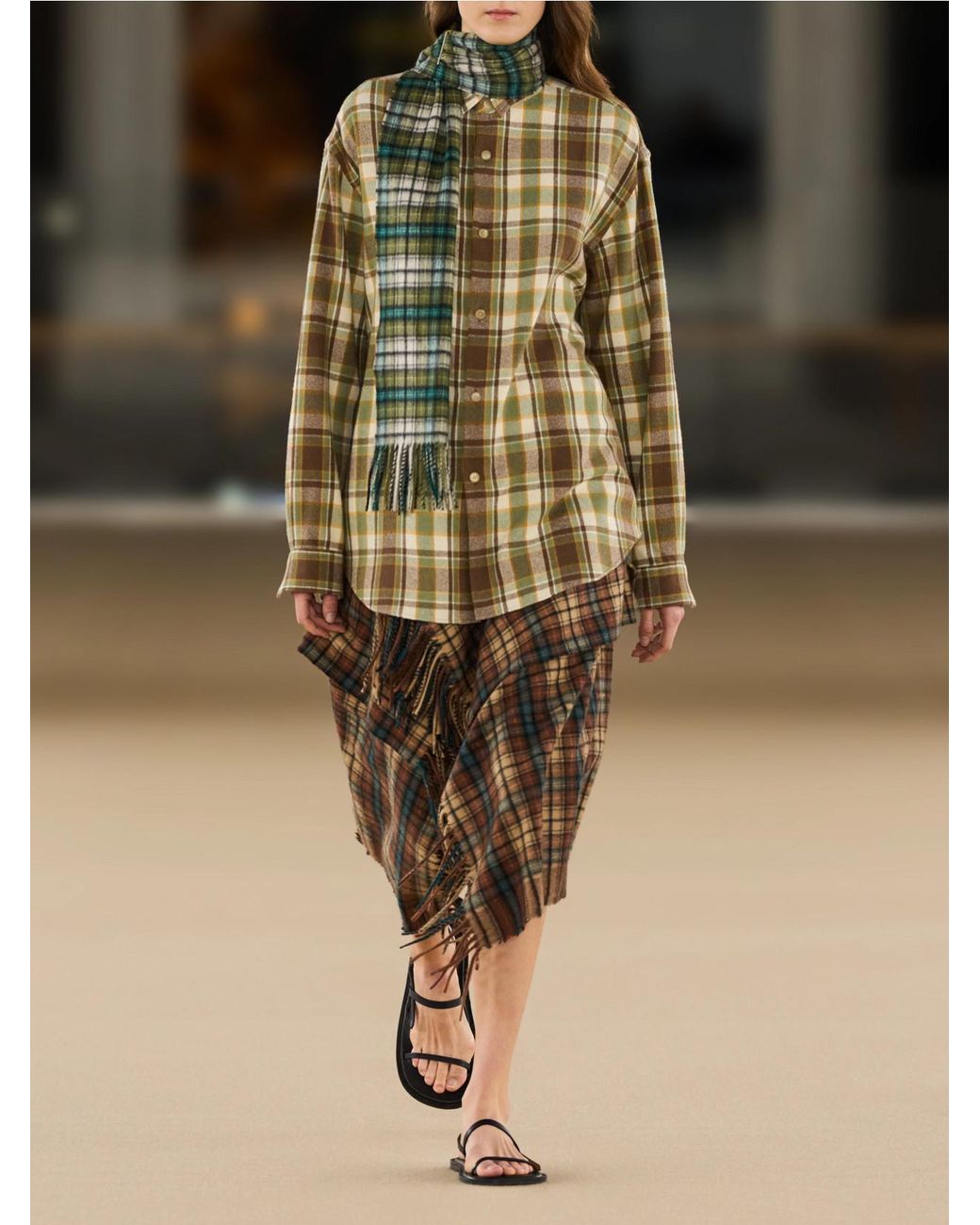 Auralee Multicolor Asymmetric Fringed Checked Cashmere Wrap Midi Skirt