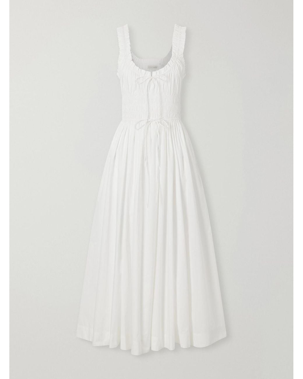 Doen White Emmaretta Tie-Detailed Shirred Cotton-Voile Midi Dress