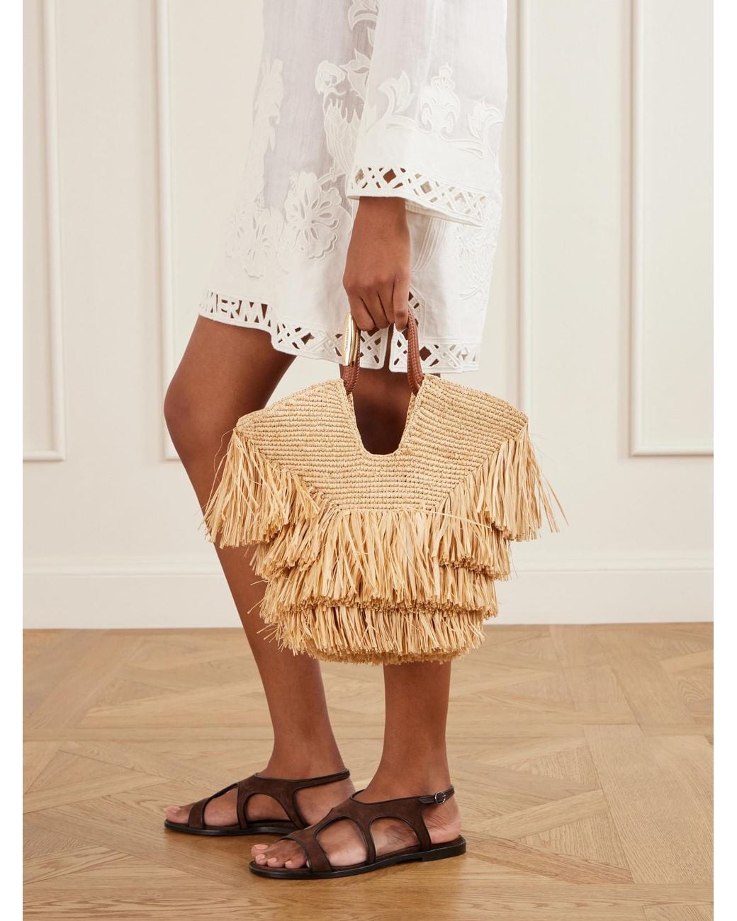 Zimmermann Natural Goldentime Small Leather-Trimmed Fringed Raffia Tote