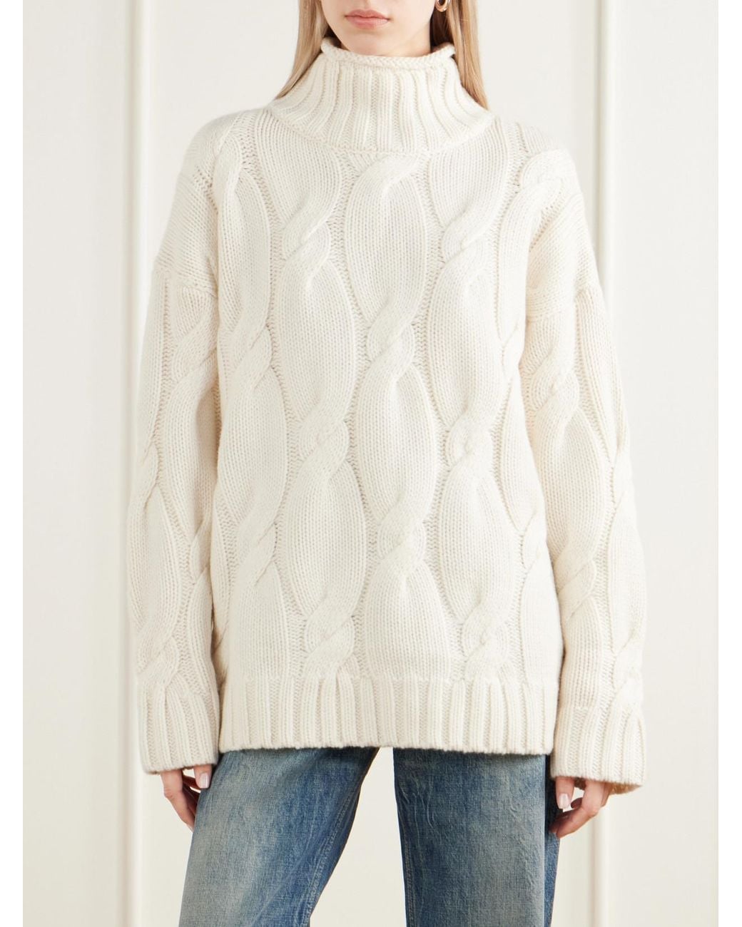 Loulou de Saison White Wara Cable-Knit Cashmere Turtleneck Sweater