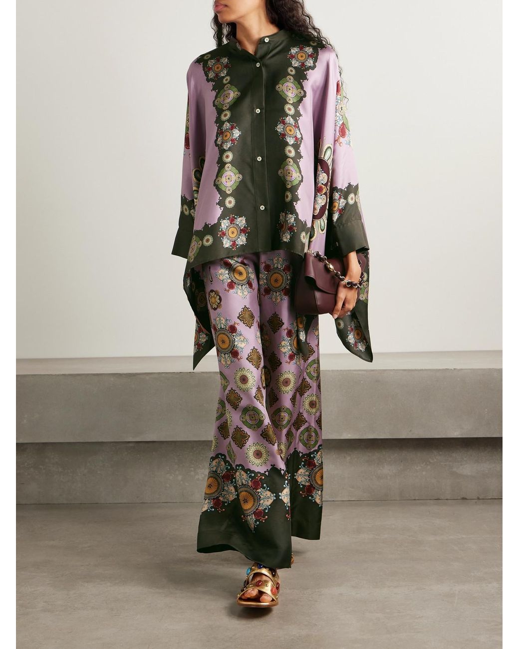 LaDoubleJ Purple Icon Foulard Draped Printed Silk-Twill Shirt