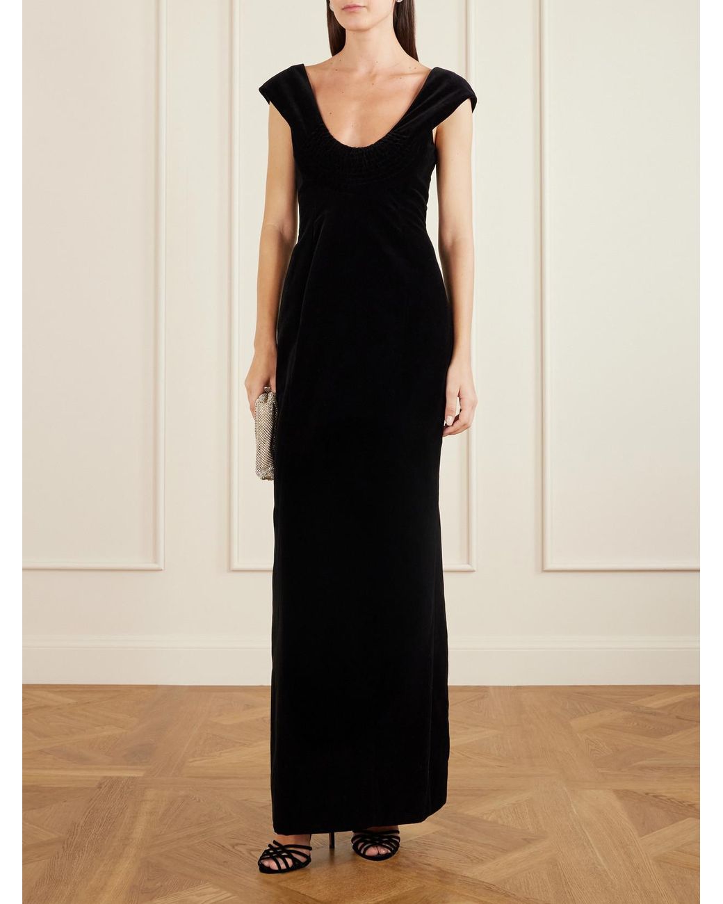 Colleen Allen Black Shirred Cotton-Velvet Gown