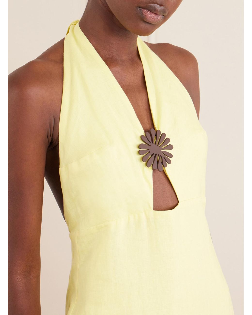 Cala De La Cruz Yellow Orly Embellished Cutout Linen Maxi Dress