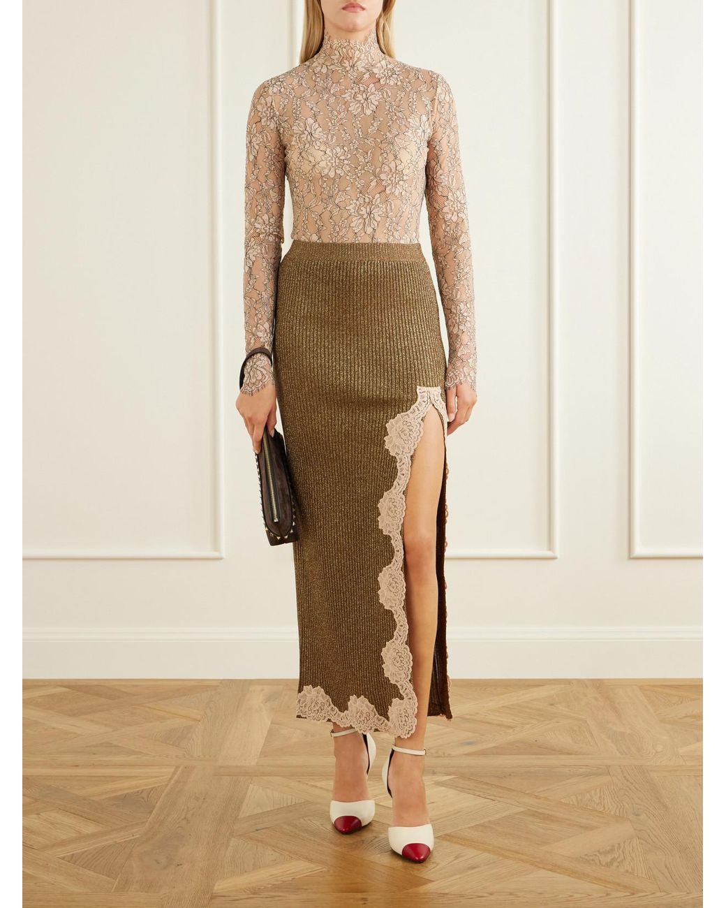 Valentino Garavani Natural Lace-Trimmed Ribbed Lurex Midi Skirt