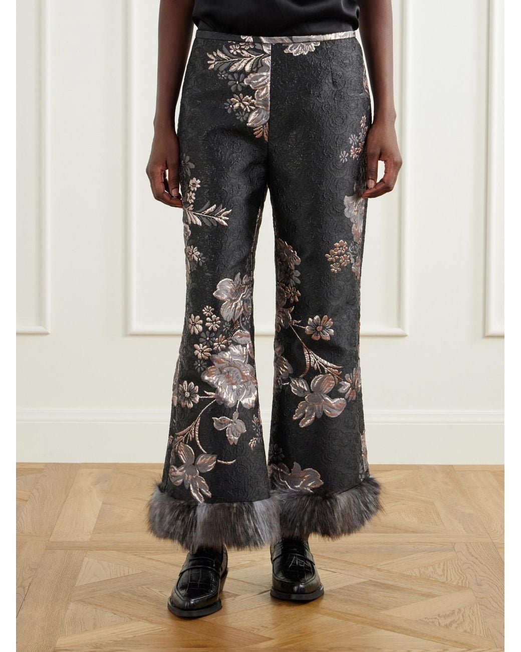 Anna Sui Black Plush-Trimmed Arcadia Brocade Flared Pants