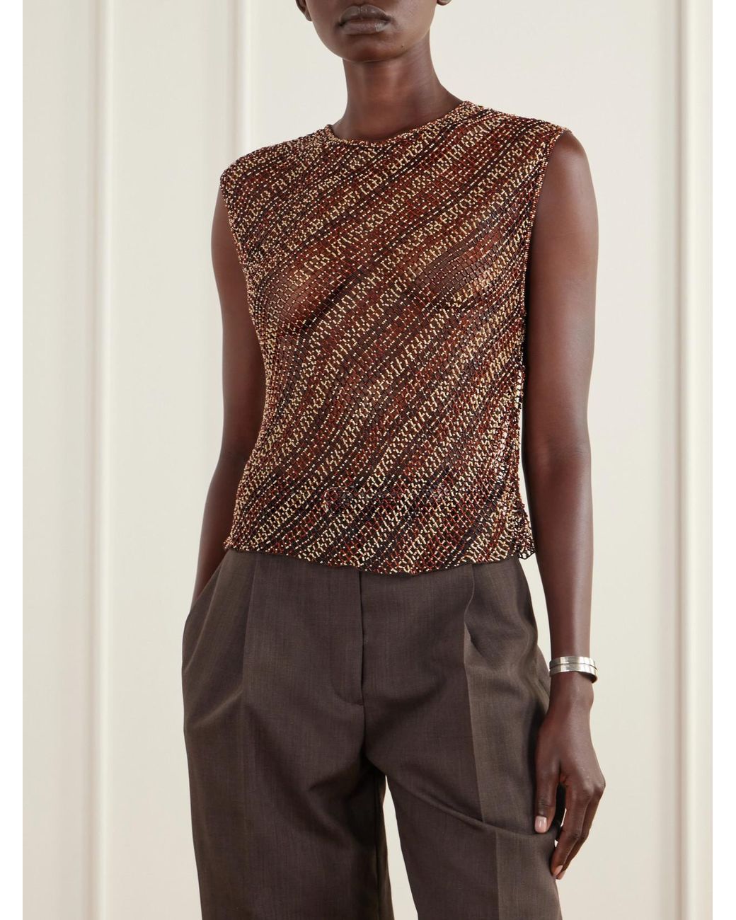 Twp Brown Beaded Open-Knit Tank