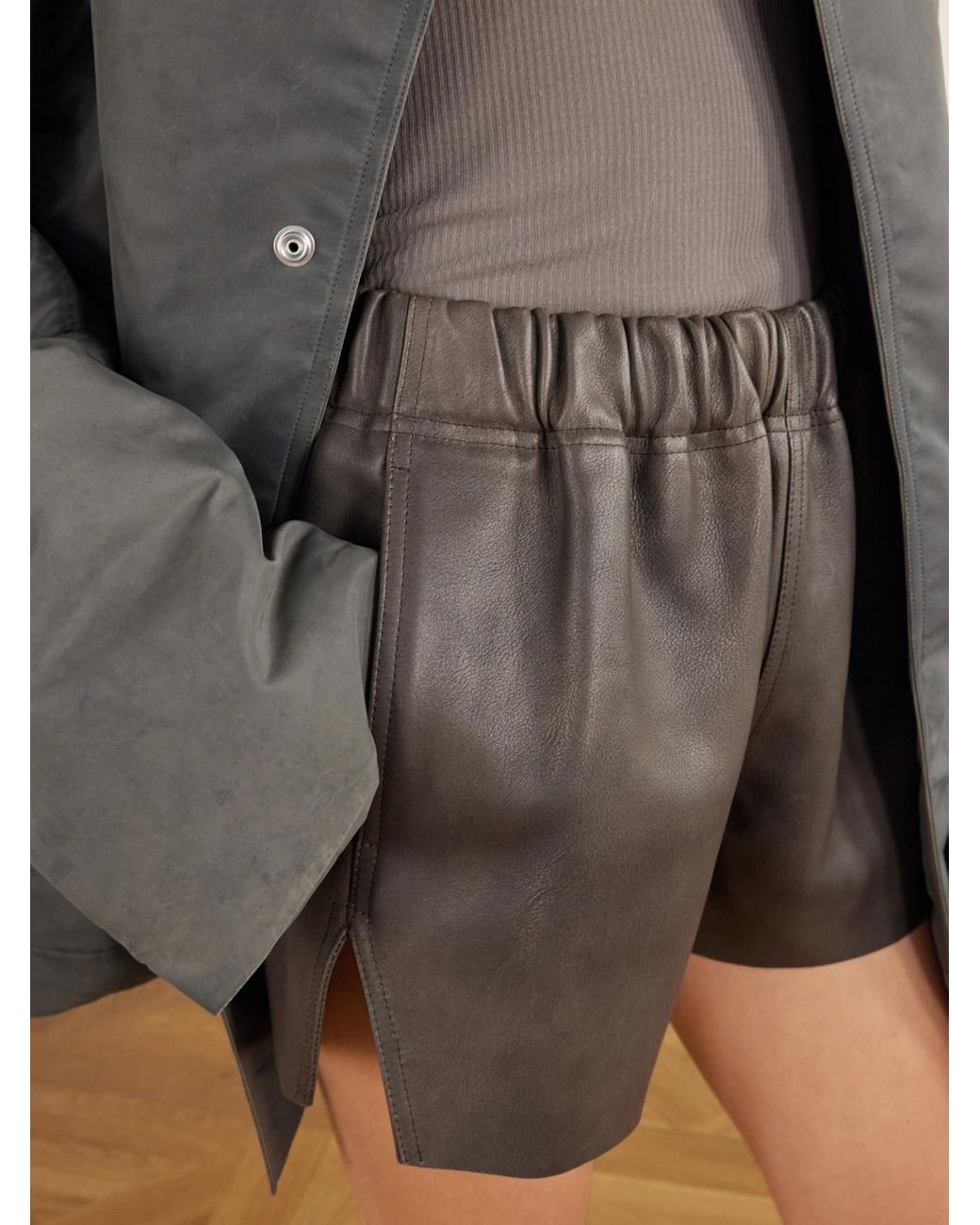 Rick Owens Gray Delave Gathered Textured-Leather Shorts