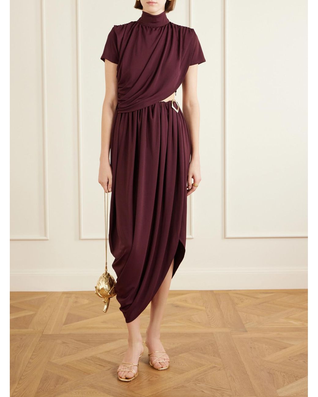 Violante Nessi Purple Pagani Cutout Embellished Gathered Crepe De Chine Midi Dress