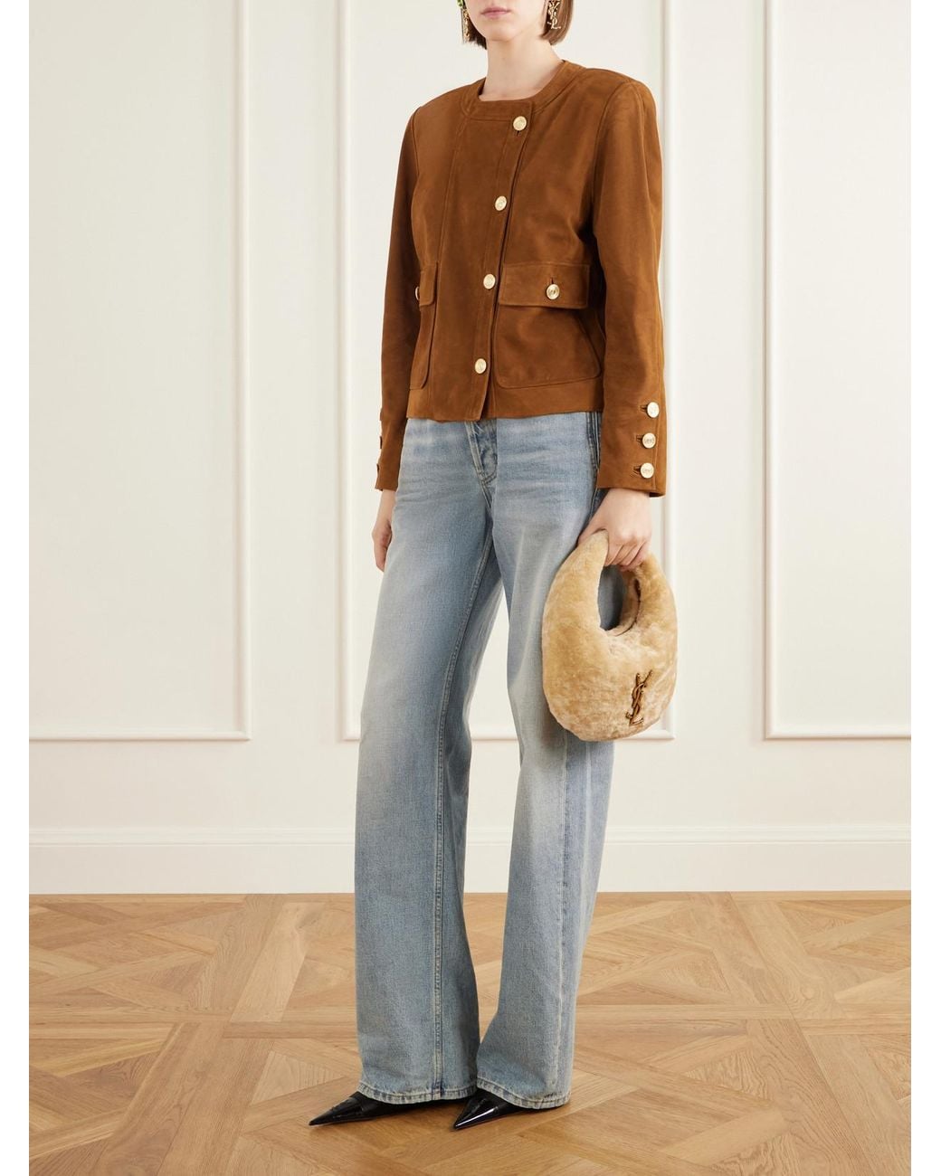 Saint Laurent Natural Icarino Cassandre-Embellished Shearling Mini Bag