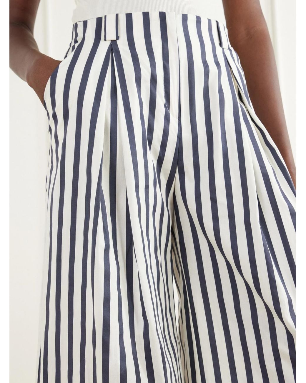 ANDRES OTALORA White Unna Pleated Striped Cotton-Poplin Wide-Leg Pants