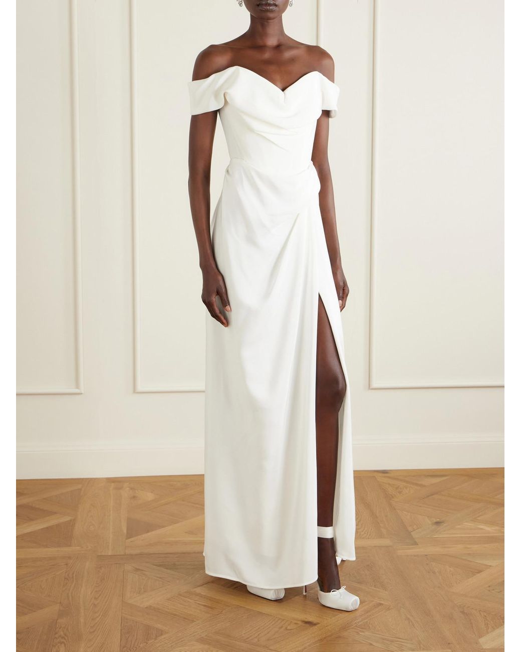 Vivienne Westwood White Mabel Off-The-Shoulder Draped Silk-Cady Gown