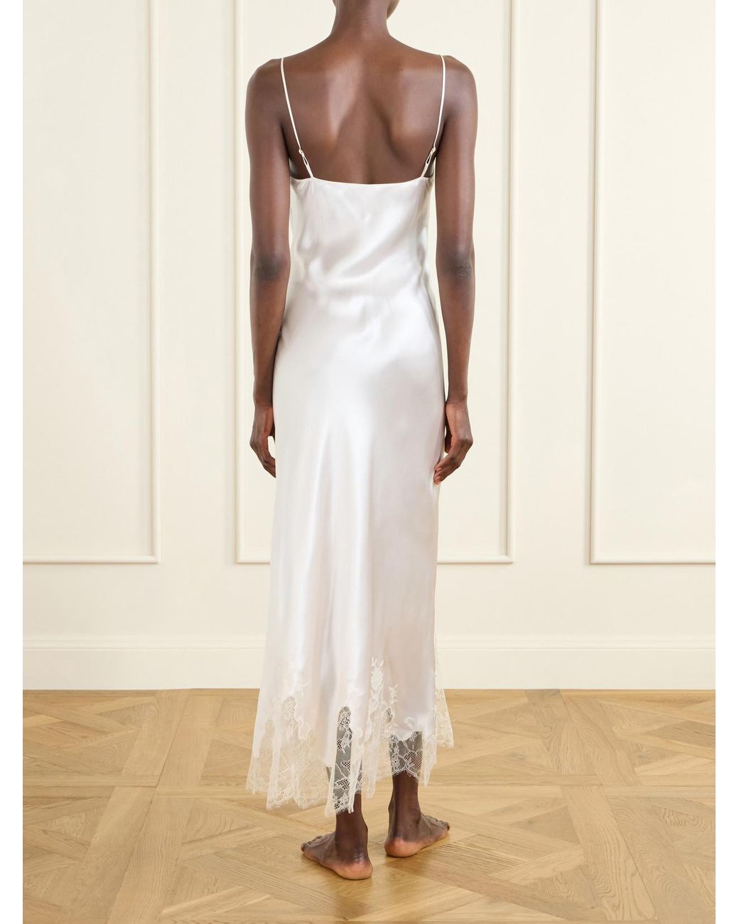 Carine Gilson White Lace-Trimmed Silk-Satin Midi Dress