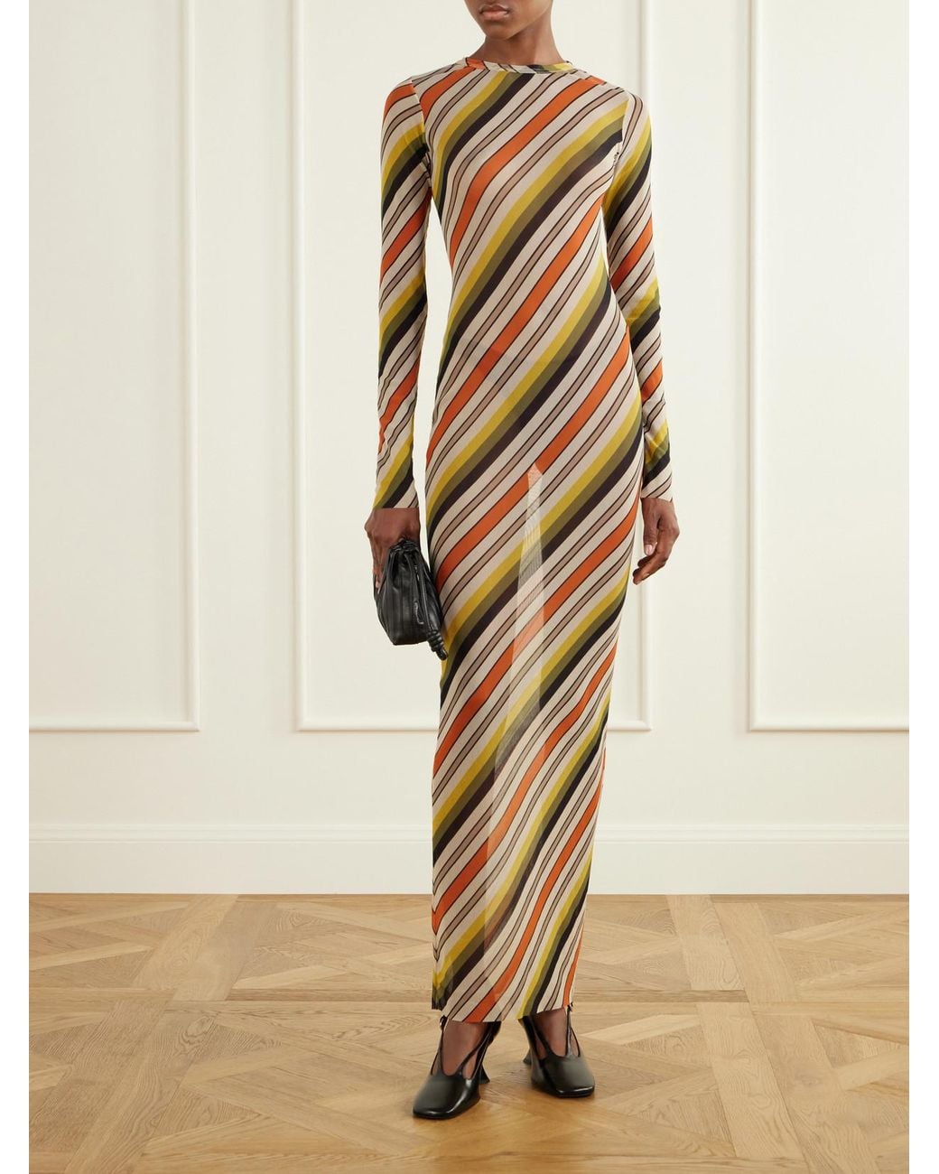 Jean Paul Gaultier Metallic Retro Stripe Printed Mesh Maxi Dress