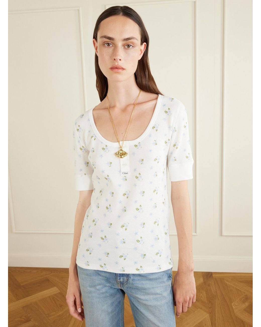 Chloé White Floral-Print Waffle-Knit Cotton-Jersey T-Shirt
