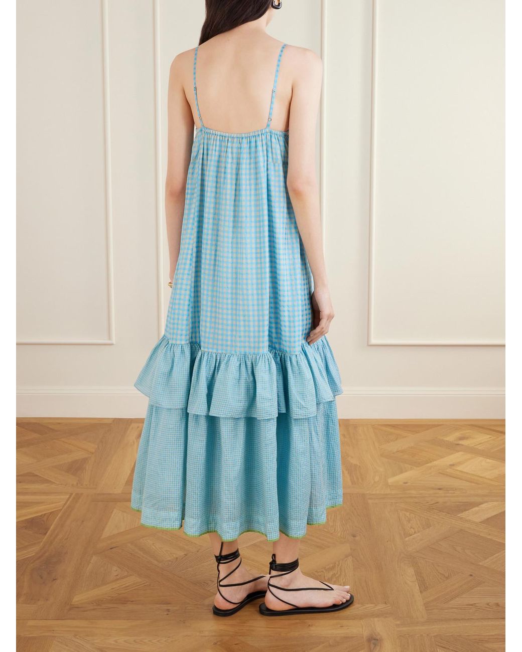 Eka Blue Teek Ruffled Tiered Checkered Cotton Silk Dress
