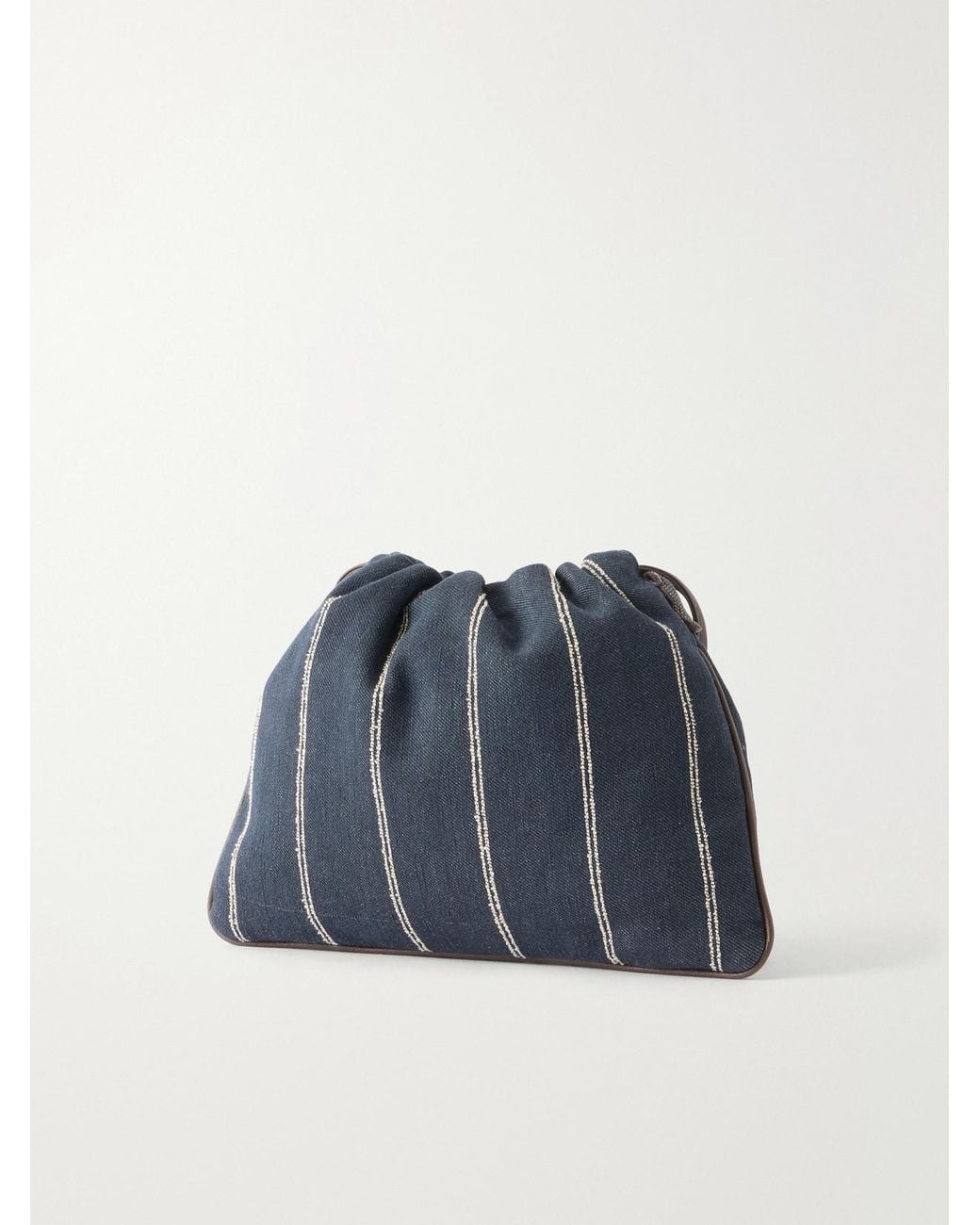 Brunello Cucinelli Blue Pinstriped Leather-Trimmed Denim Shoulder Bag