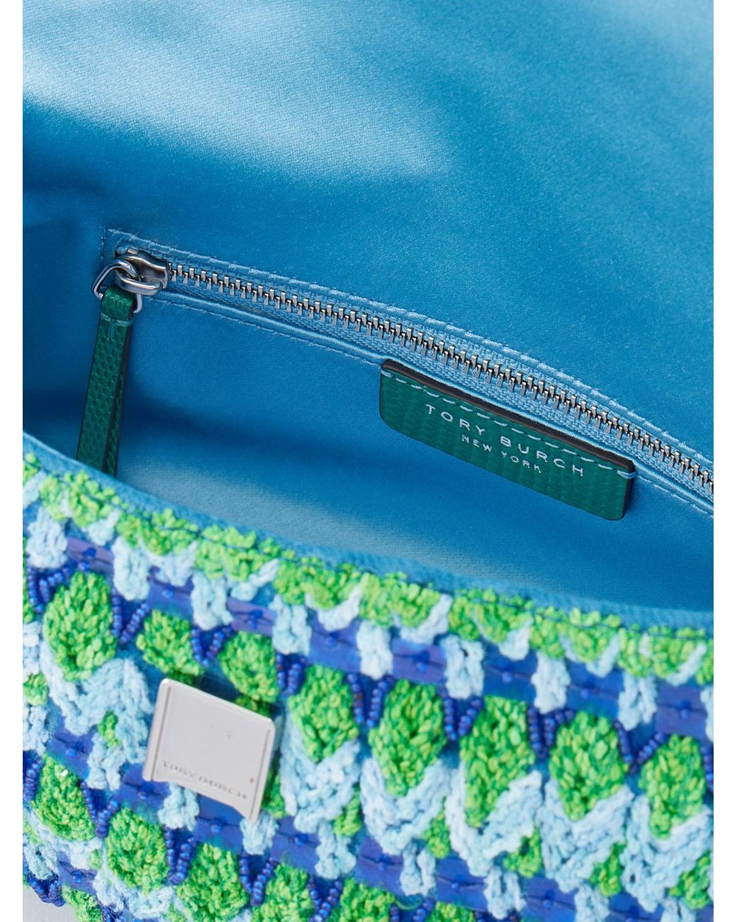 Tory Burch Blue Charlie Embellished Snake-Effect Leather-Trimmed Crocheted Shoulder Bag