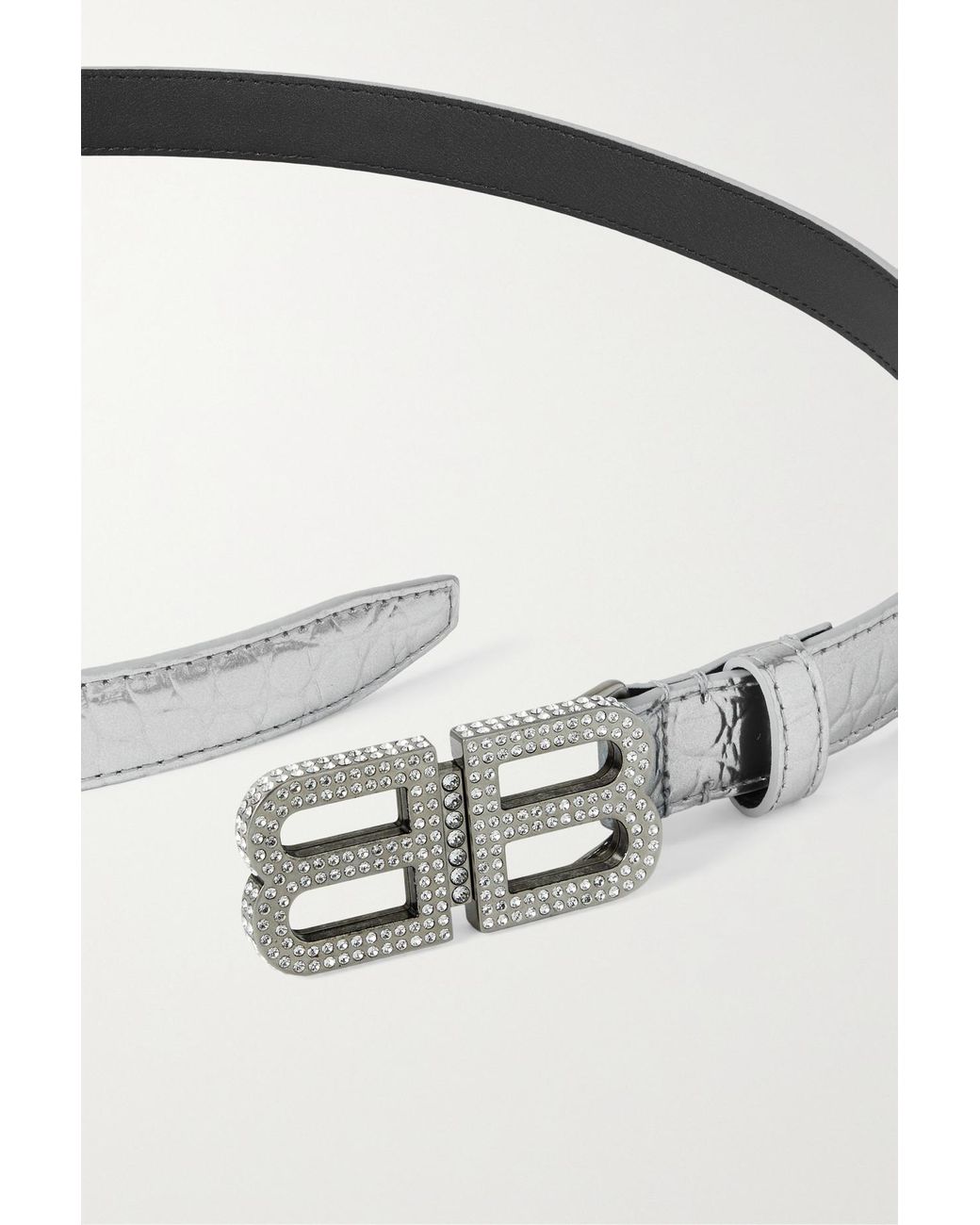 Balenciaga Bb Hourglass Crystal-embellished Croc-effect Metallic Leather  Belt in Gray