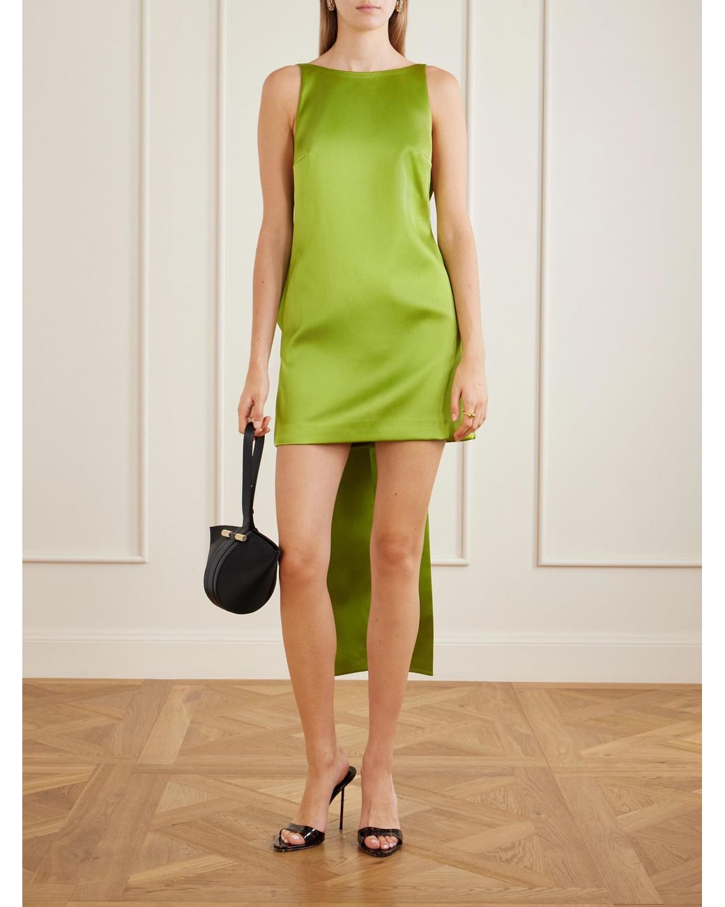 Self-Portrait Green Bow-Detailed Satin Mini Dress