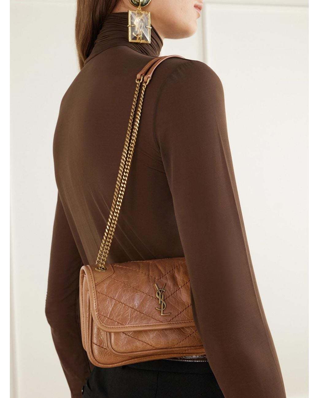 Saint Laurent Brown Niki Mini Cassandre-Embellished Crinkled-Leather Shoulder Bag