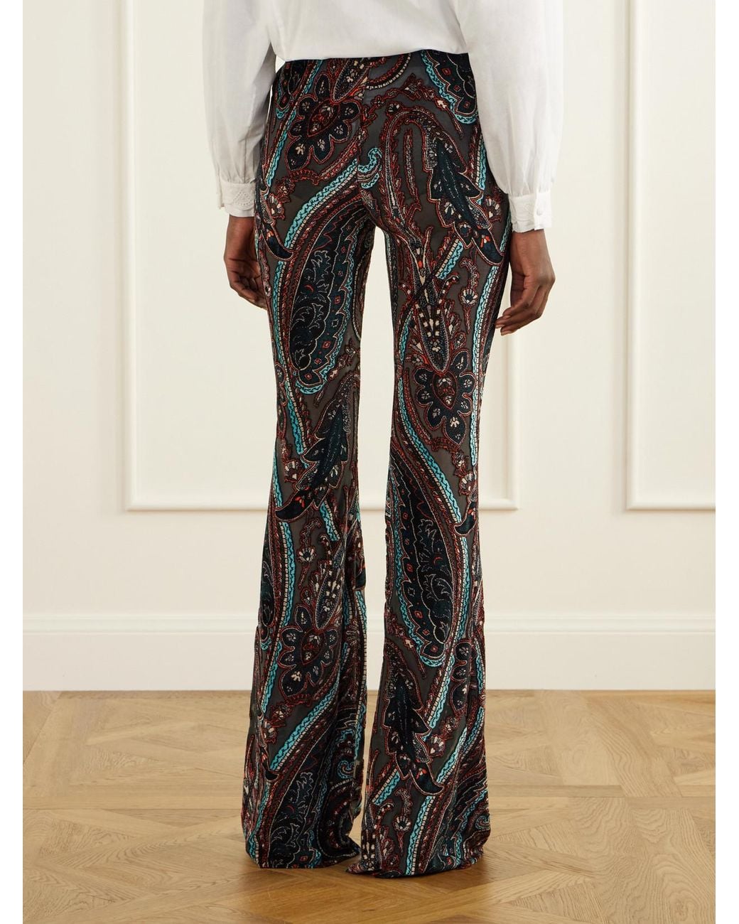 Etro Black Paisley-Appliquéd Mesh Flared Pants
