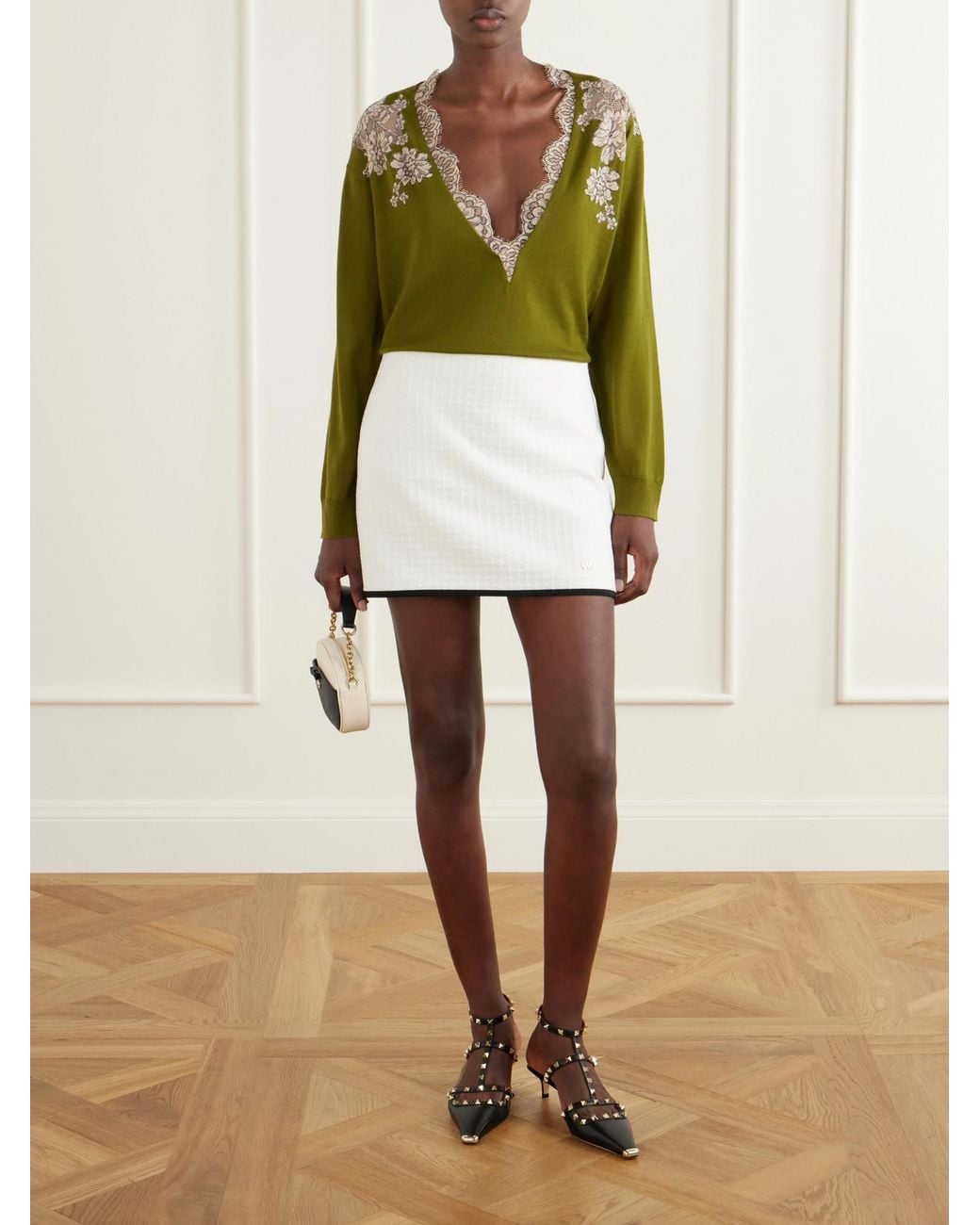 Valentino Garavani Green Lace-Trimmed Wool Sweater