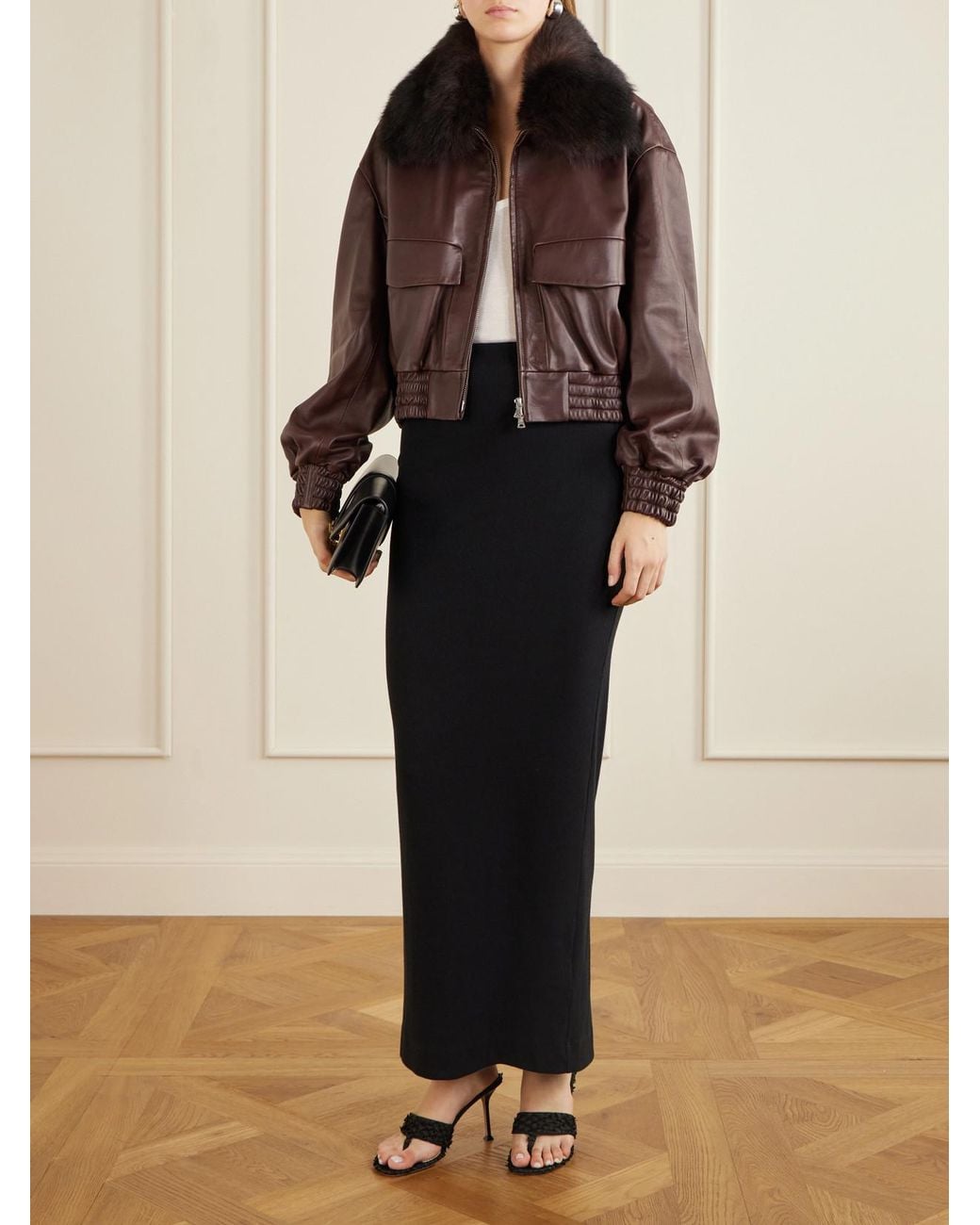 Nour Hammour Brown Ellery Cropped Shearling-Trimmed Leather Bomber Jacket