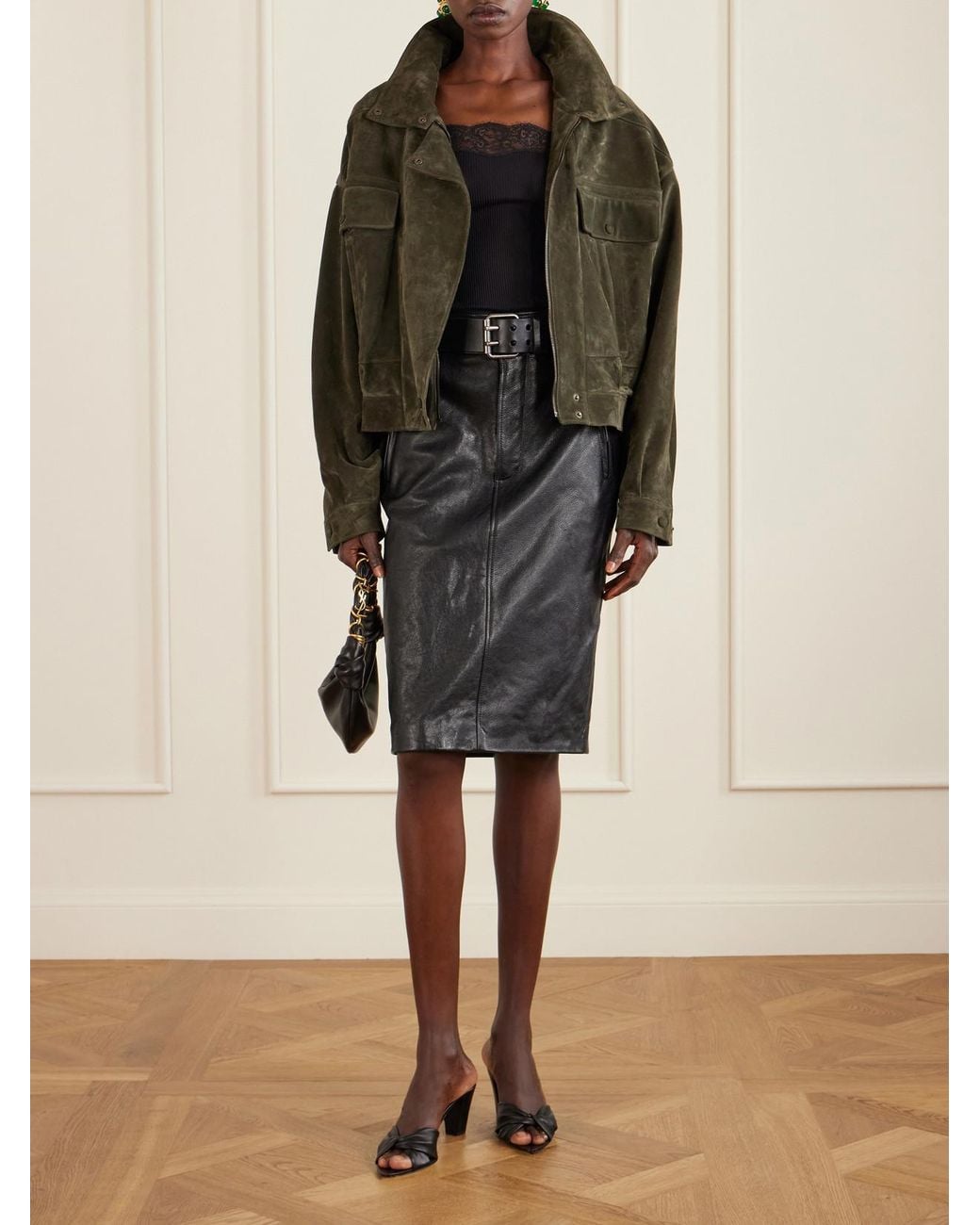 Saint Laurent Black Belted Textured-Leather Skirt