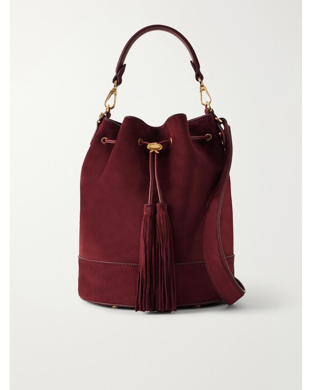 Gianvito Rossi Red Sienna Tasseled Suede Drawstring Bucket Bag