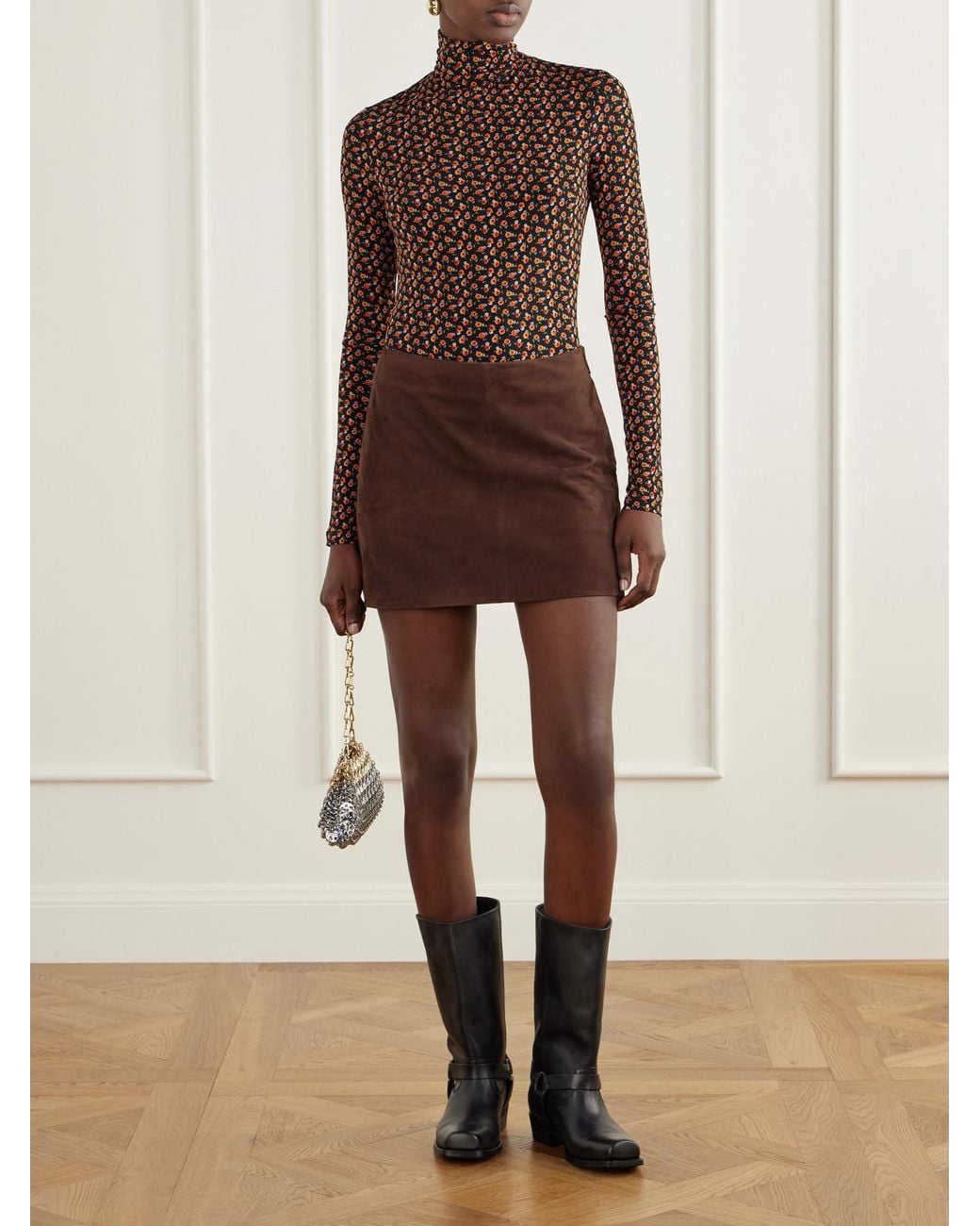 Rabanne Brown Floral-Print Stretch-Jersey Turtleneck Top