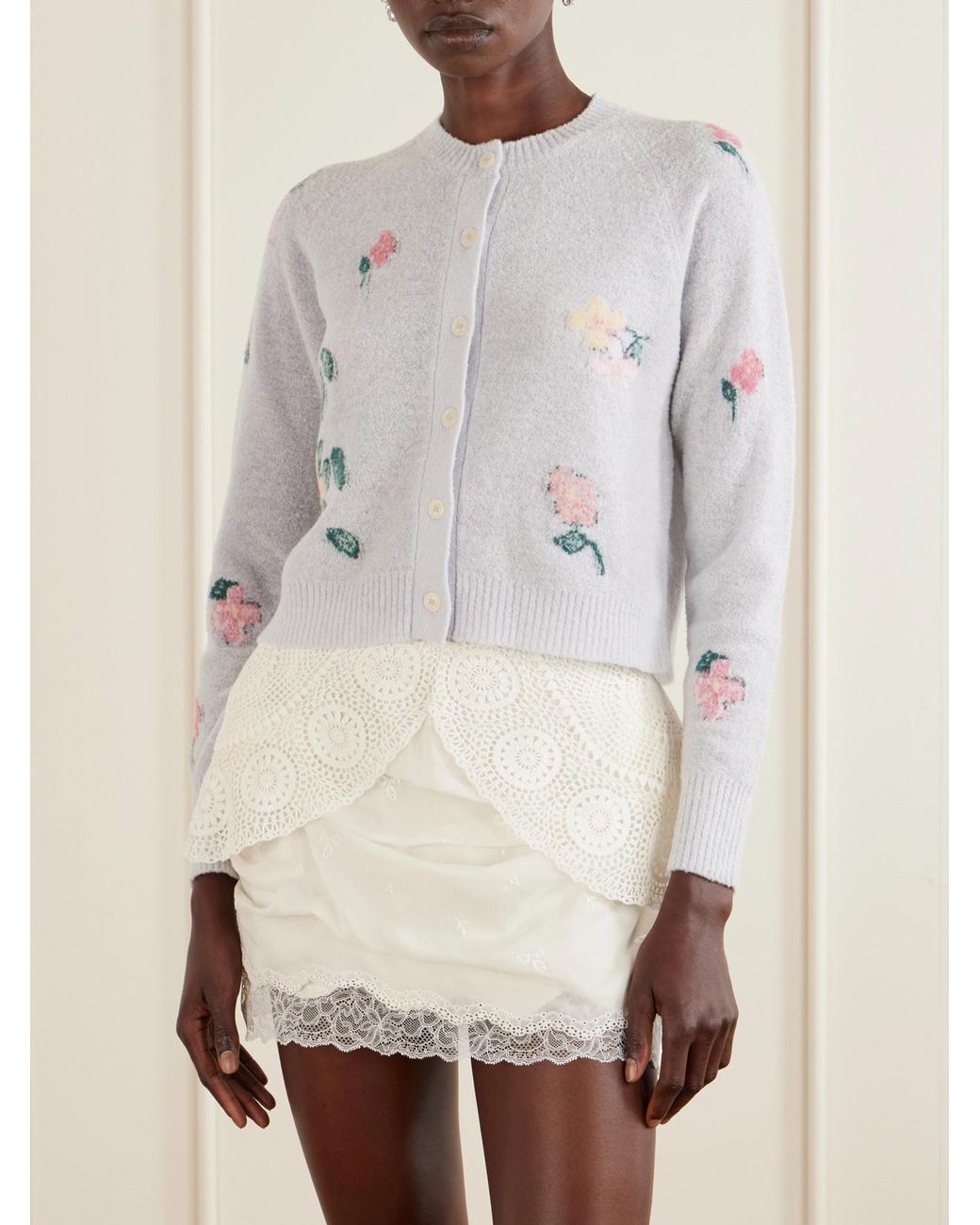 BERNADETTE Gray Clemence Wool-Blend Floral-Patterned Cardigan