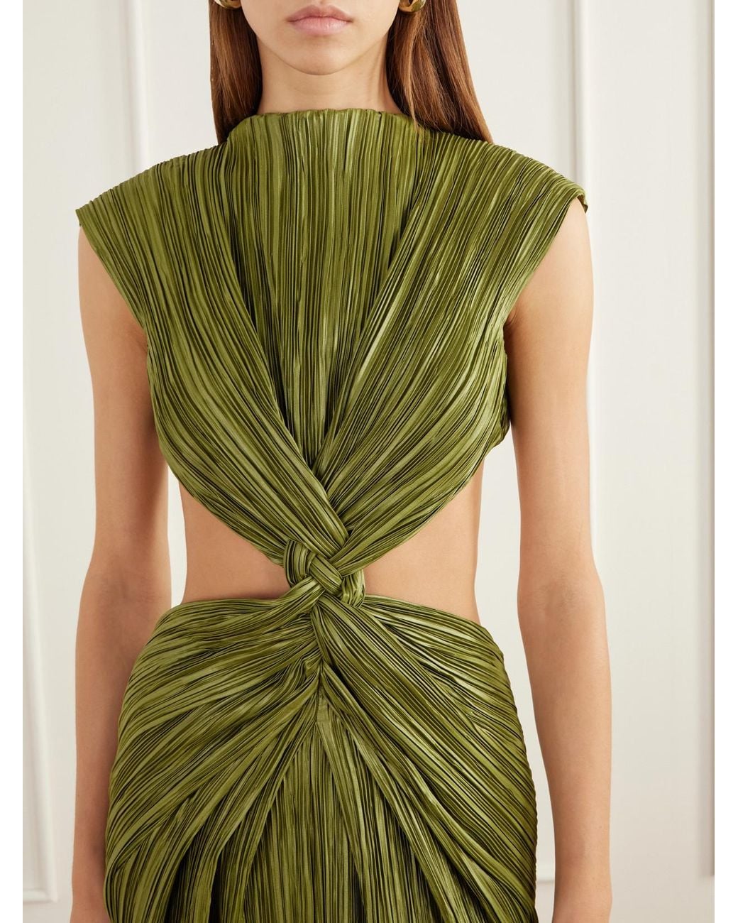 Cult Gaia Green Voss Open-Back Braided Gathered Plissé Gown