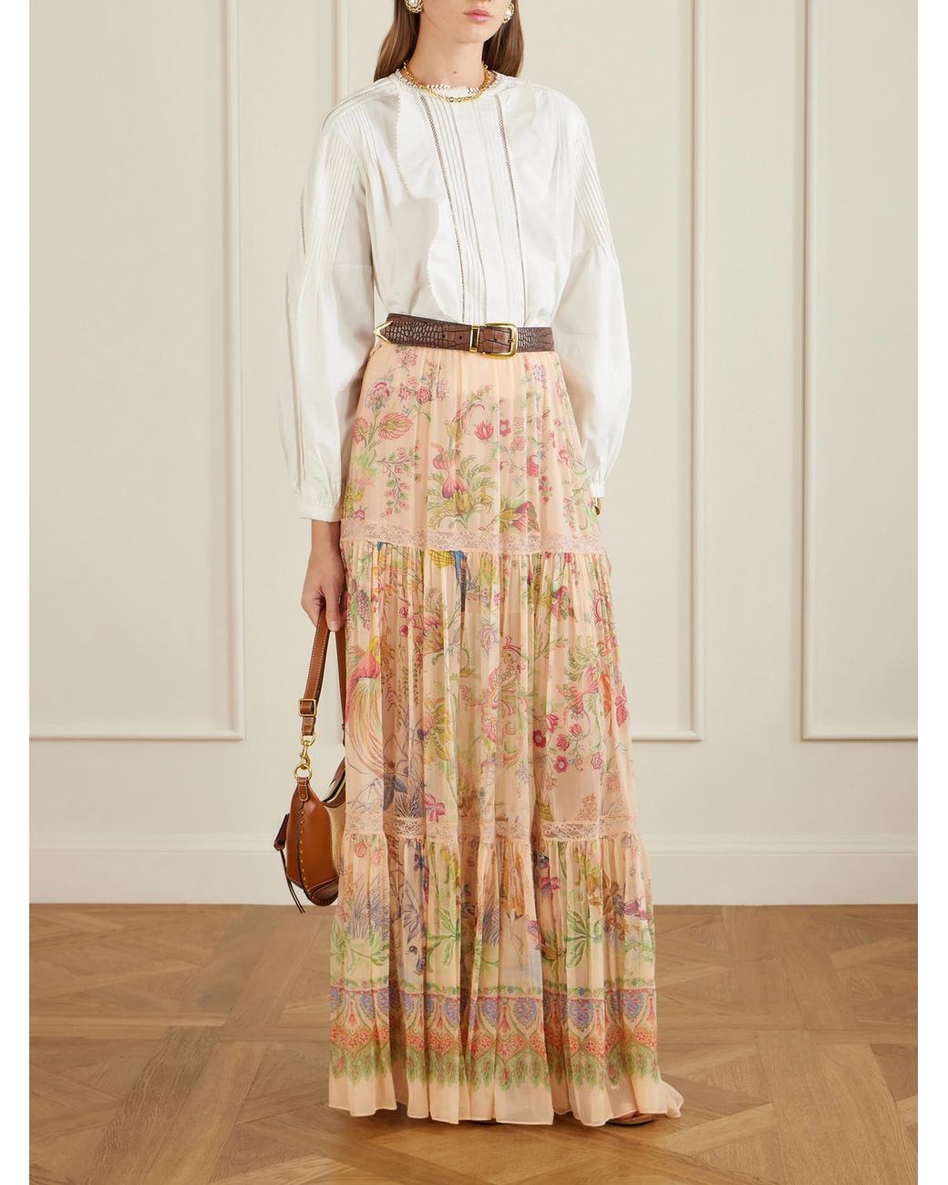 Etro Natural Tiered Pleated Lace-Trimmed Printed Silk Maxi Skirt