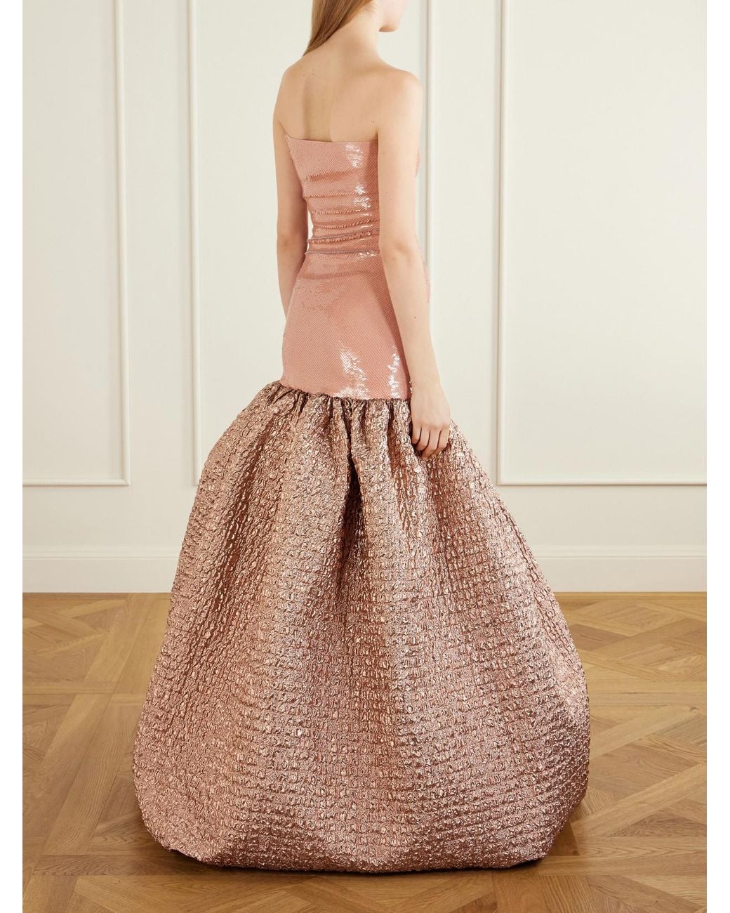 Dima Ayad Pink Sequin-Embellished Cloqué Gown