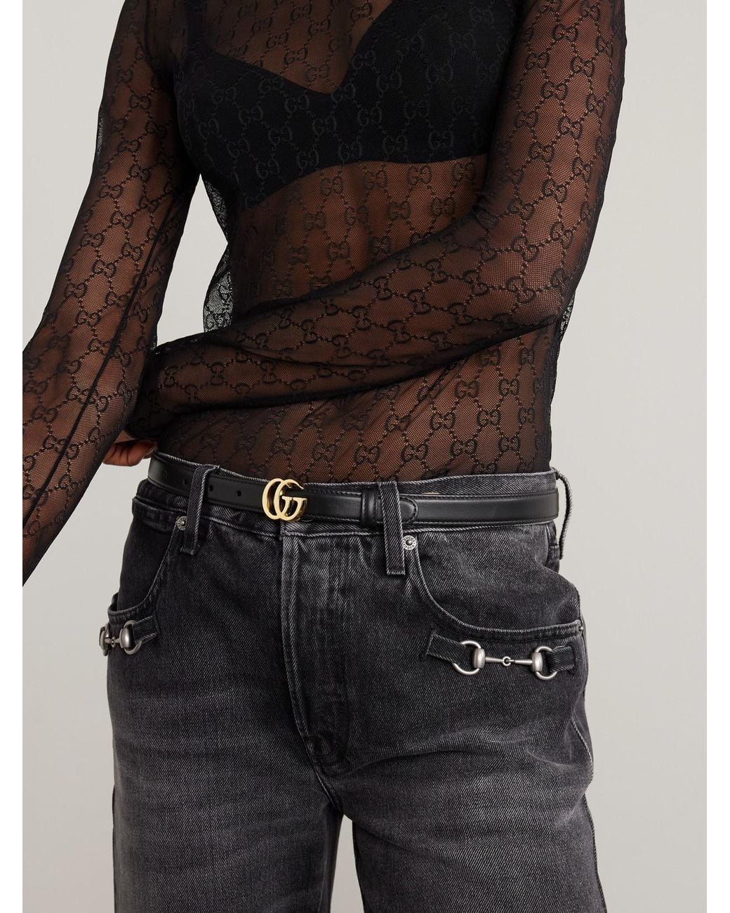Gucci Black Flat Marmont Gg Leather Belt