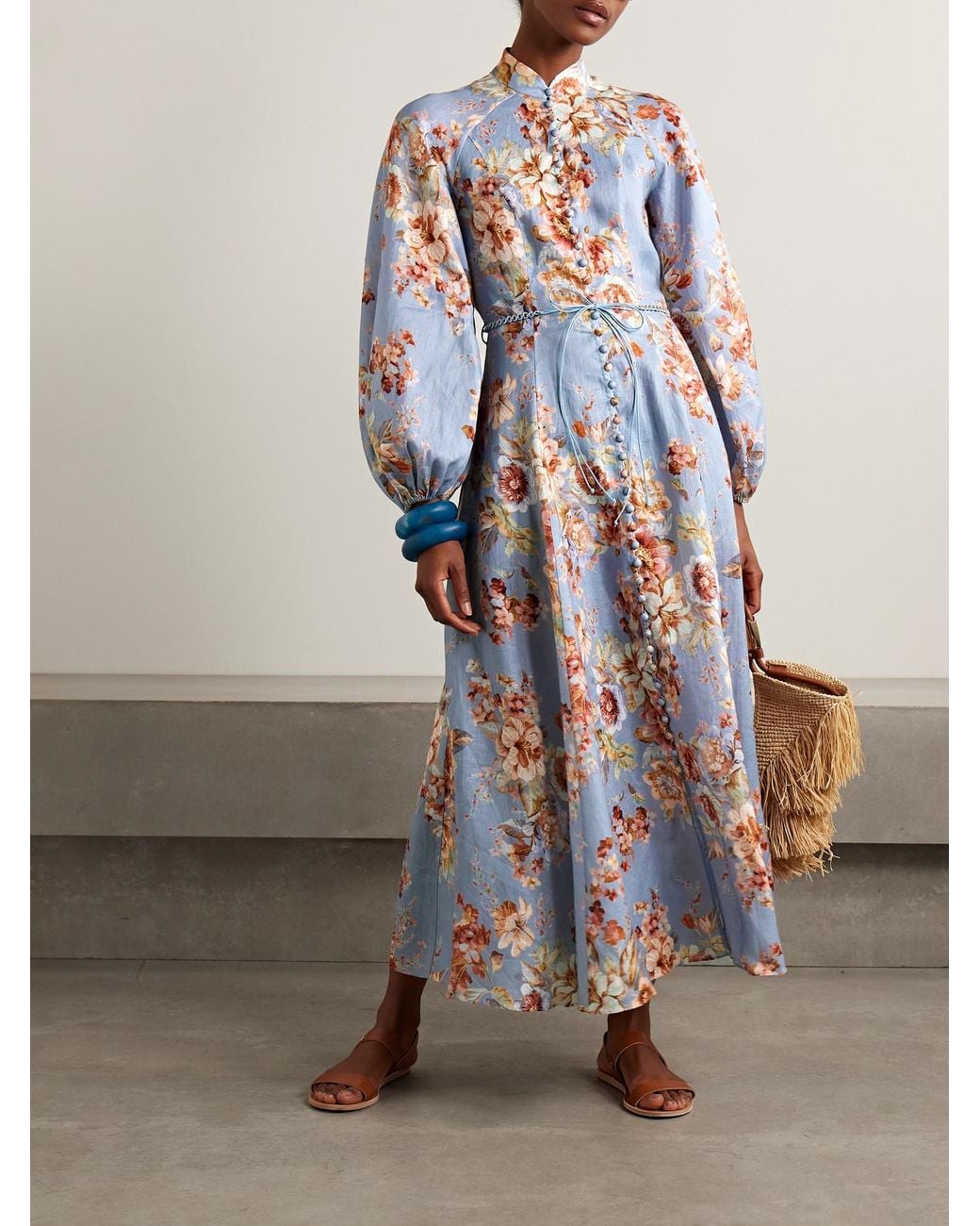 Zimmermann Awaken Floral-Print Linen Maxi Dress in Blue | Lyst