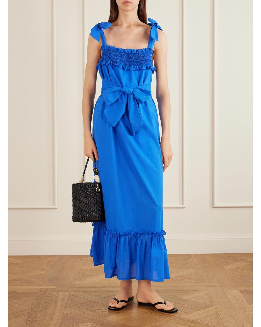 Loretta Caponi Blue Armida Belted Ruffled Smocked Cotton-Poplin Maxi Dress