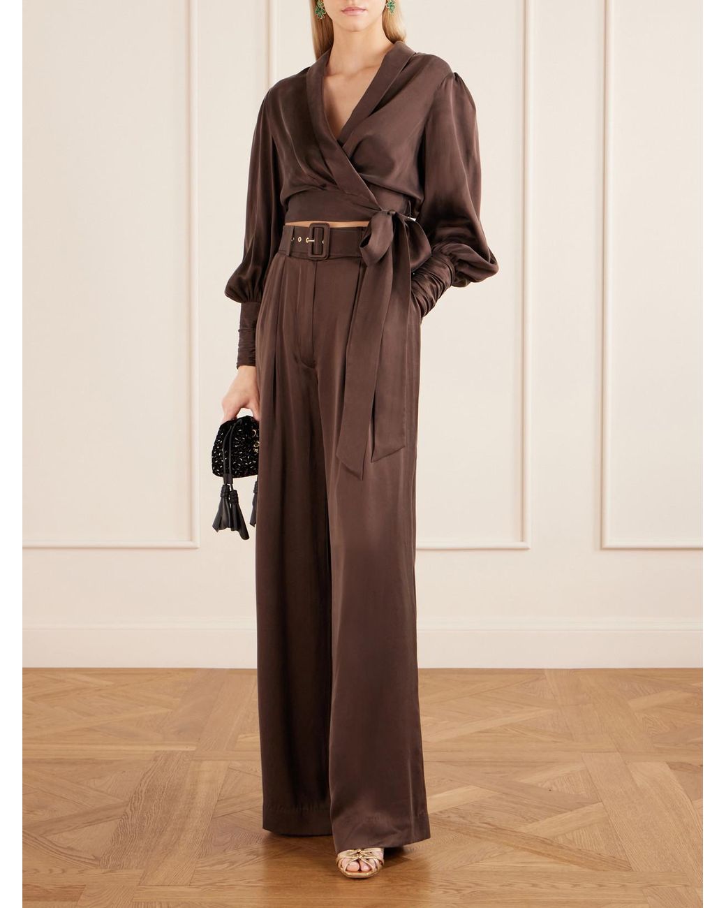 Zimmermann Brown Knot-Detailed Silk-Satin Blouse