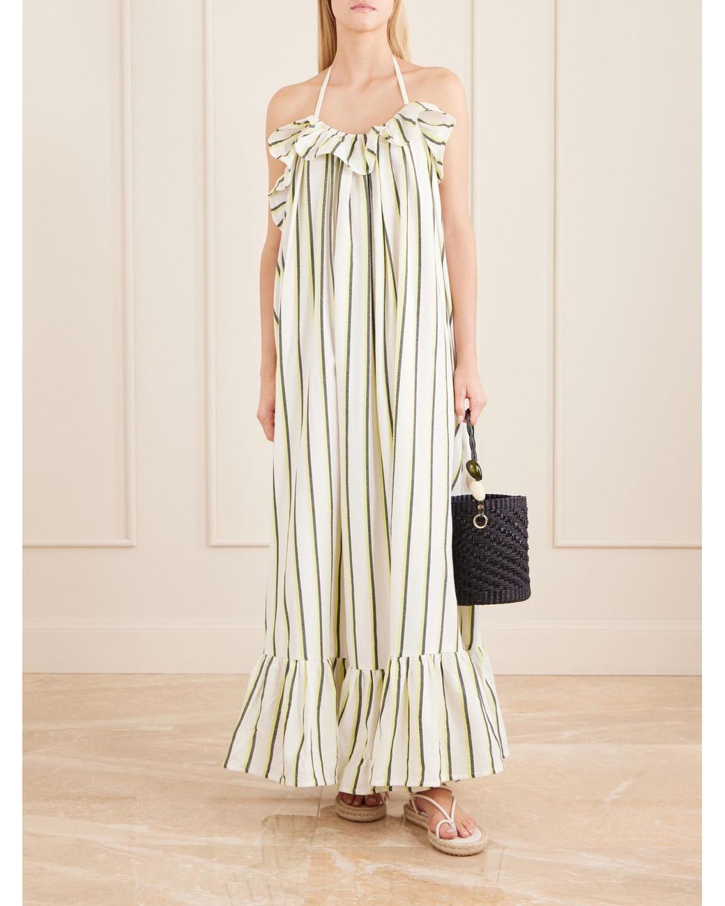 Marrakshi Life White Ruffled Striped Cotton Maxi Dress
