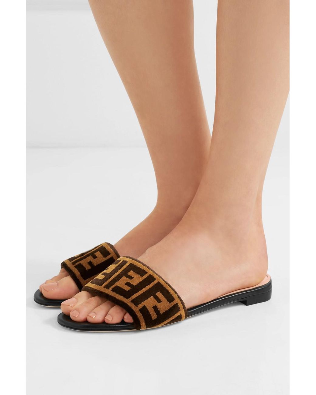 Fendi Logo-print Velvet Slides in Brown | Lyst