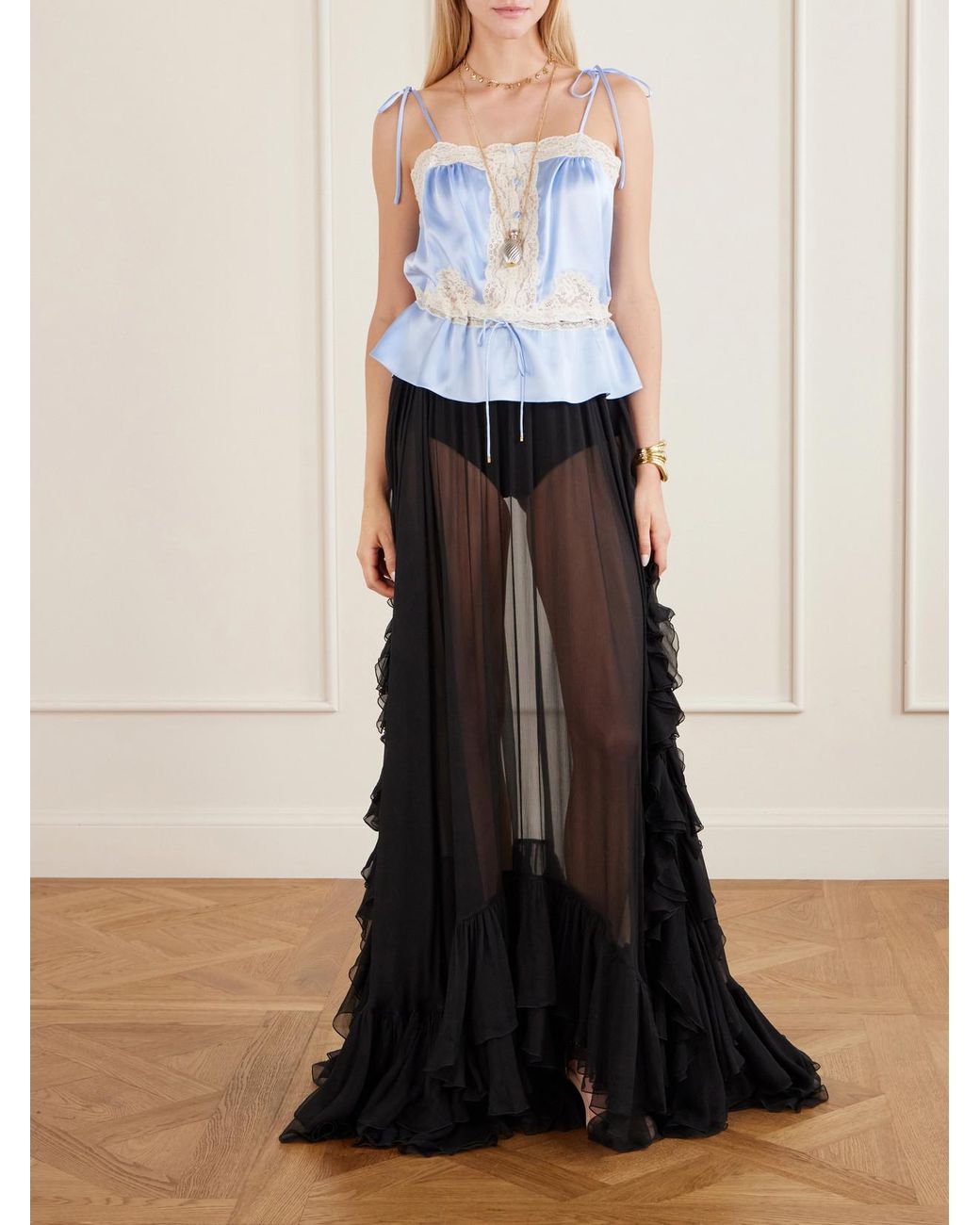 Chloé Black Ruffled Silk-Crepon Maxi Skirt